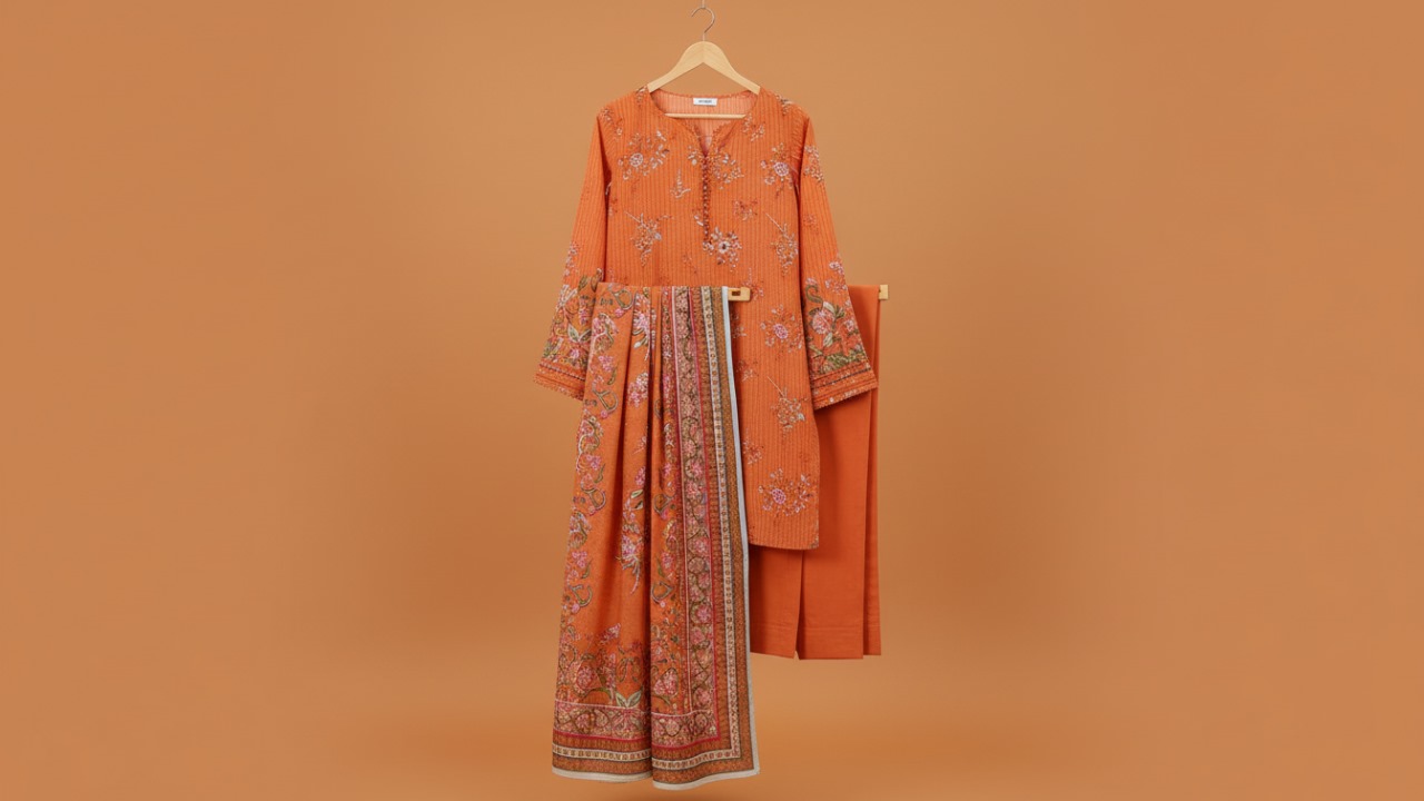 Orange Winter Printed Woman 3 Piece Suite
