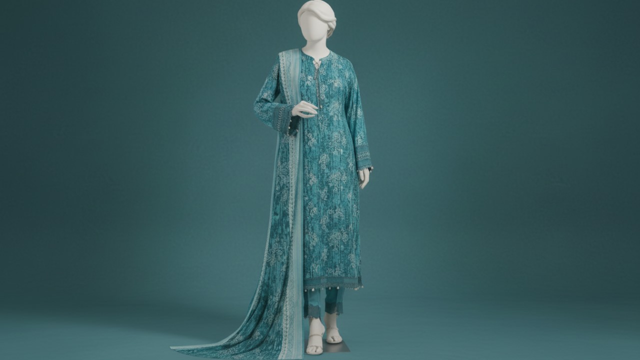 MTJ U.W Shirt Dupatta Trouser Blue Printed Winter