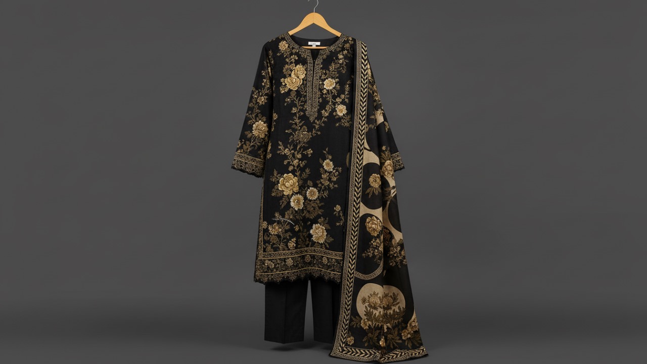 MTJ Black Golden 3 Piece Printed Winter Women Clothes