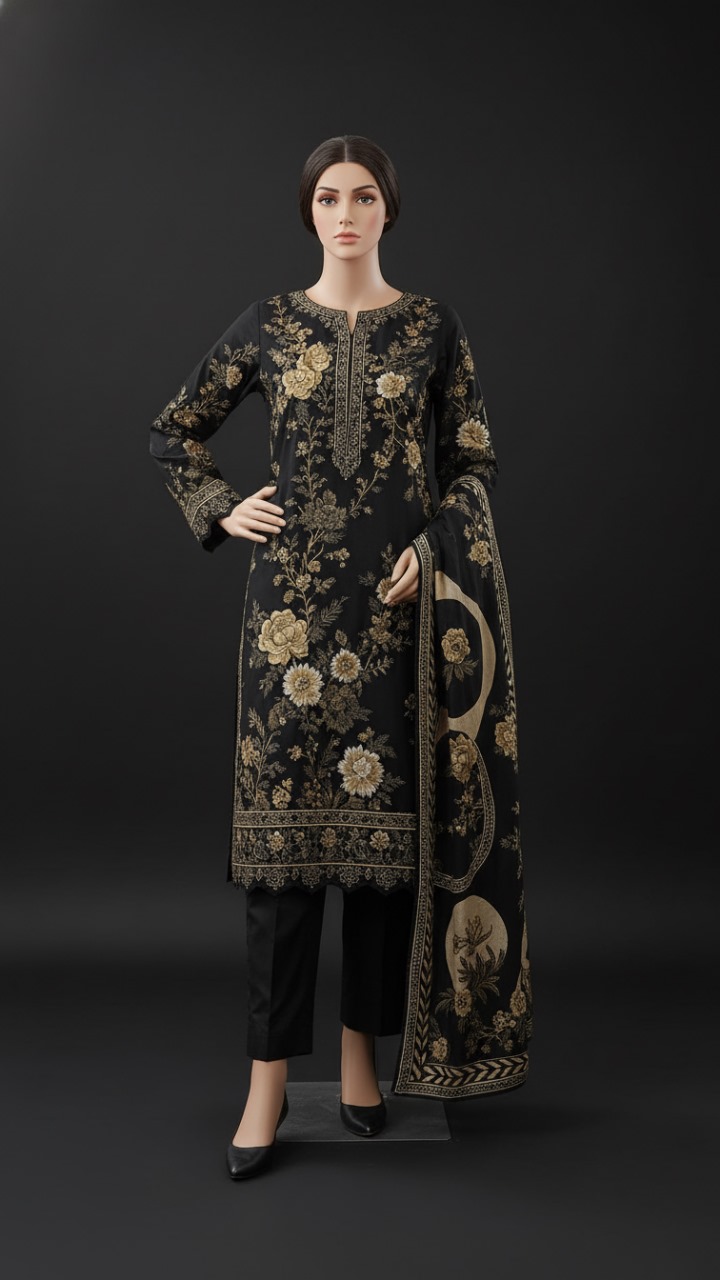 MTJ Black Golden 3 Piece Printed Winter Women Clothes