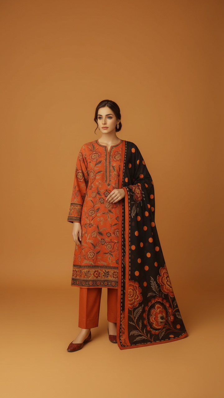 MTJ Orange Kurta Pajama Printed Black Dupatta Contrasing Winter Women Clothes